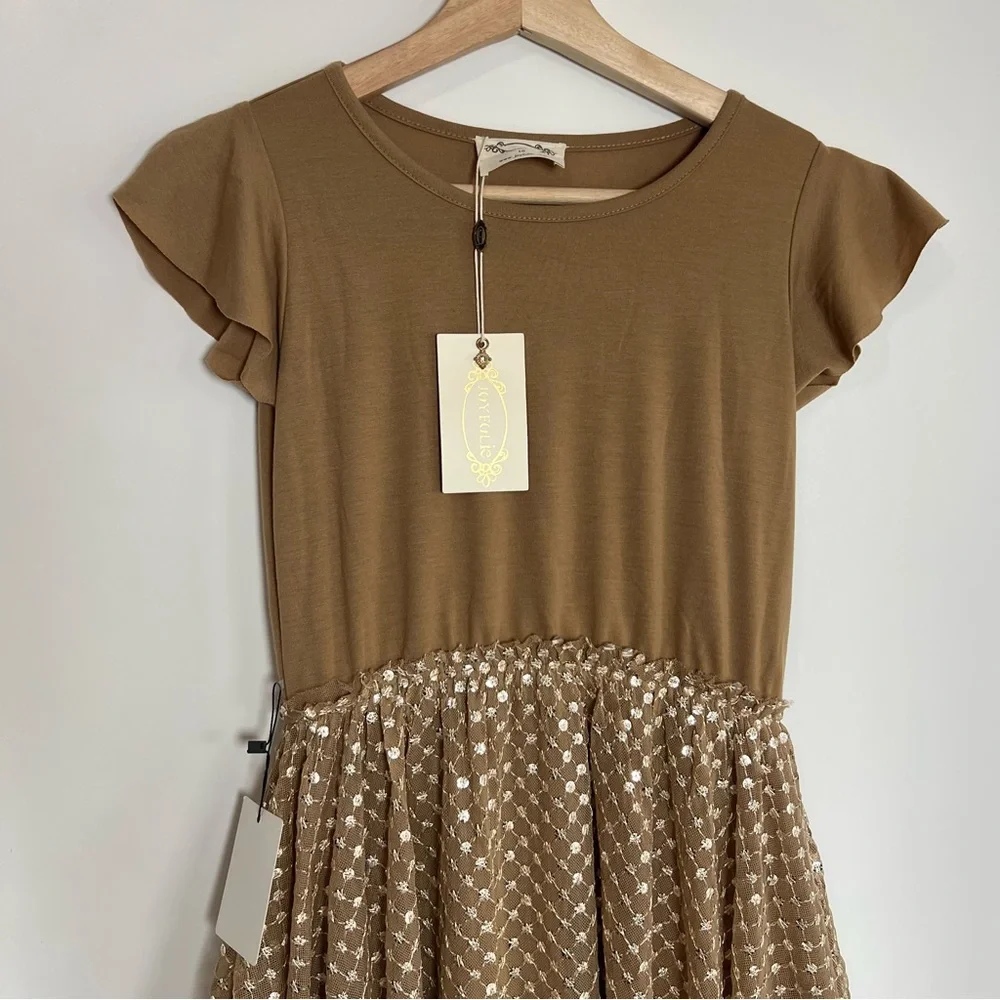 Joyfolie Girls Tina Dress Light Tan‎ Sparkle Boho Western Flowing Dress NWT, 10